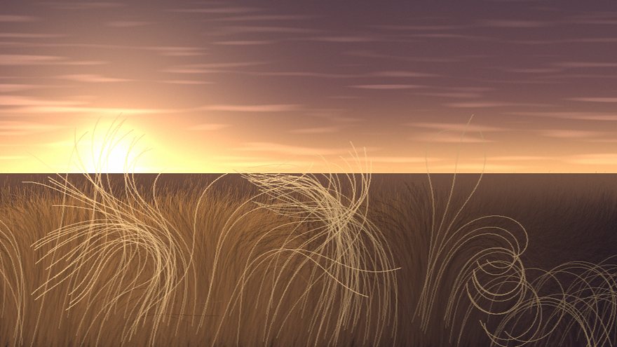 Low Sun: a generated landscape of wind-bent grass under a setting sun
